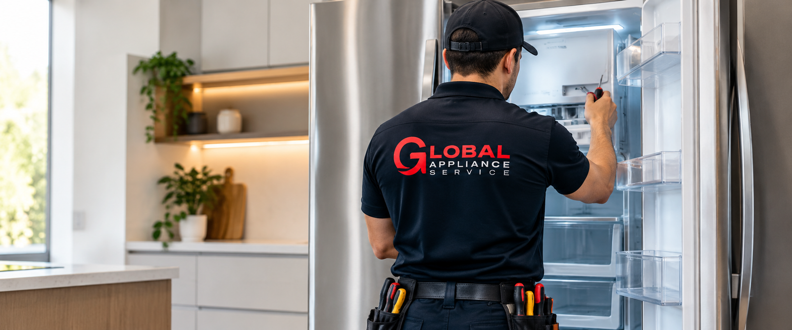 Technician inspecting refrigerator